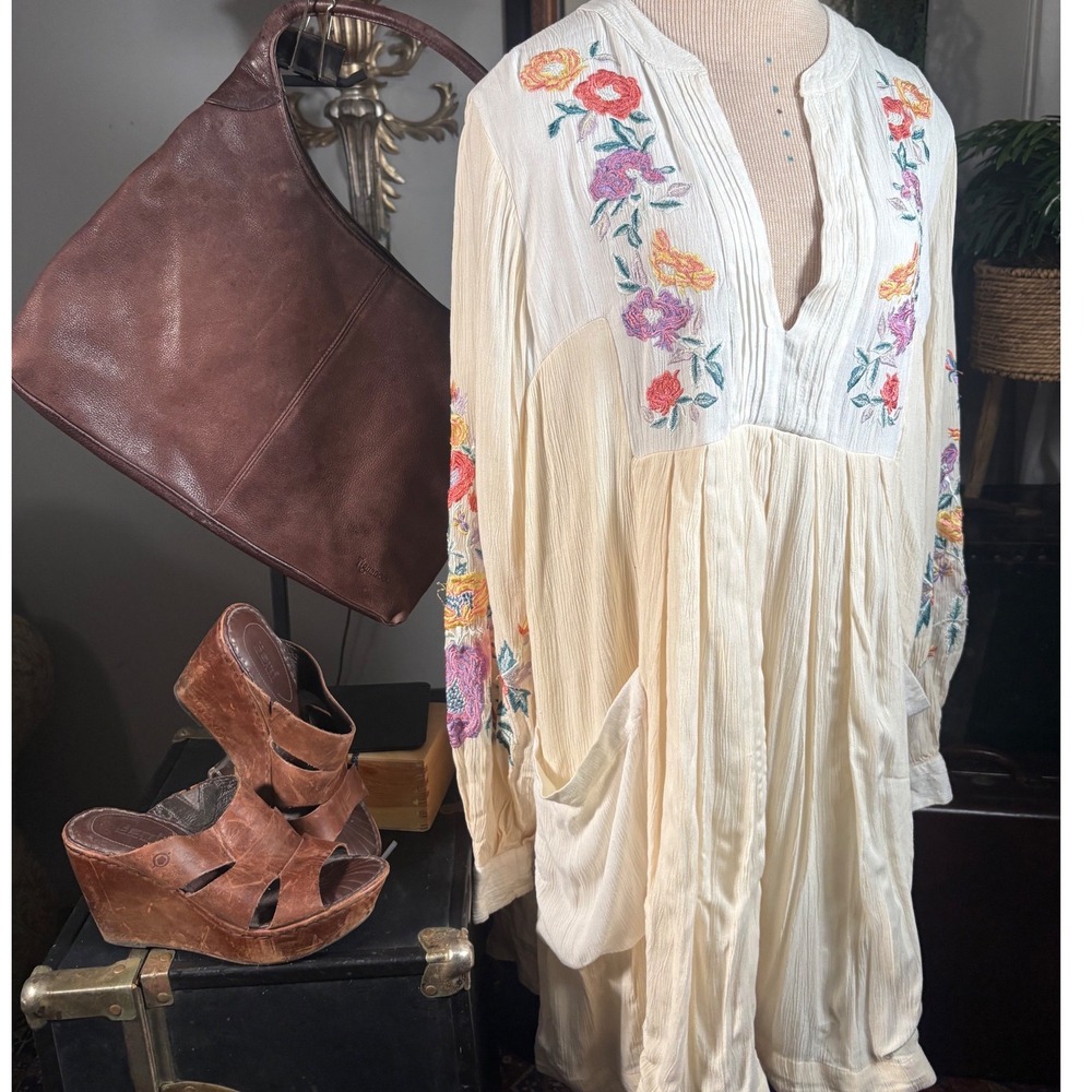 Free People Cream Embroidered Boho Tunic Dress Floral Babydoll Long Sleeve M - Picture 8 of 11
